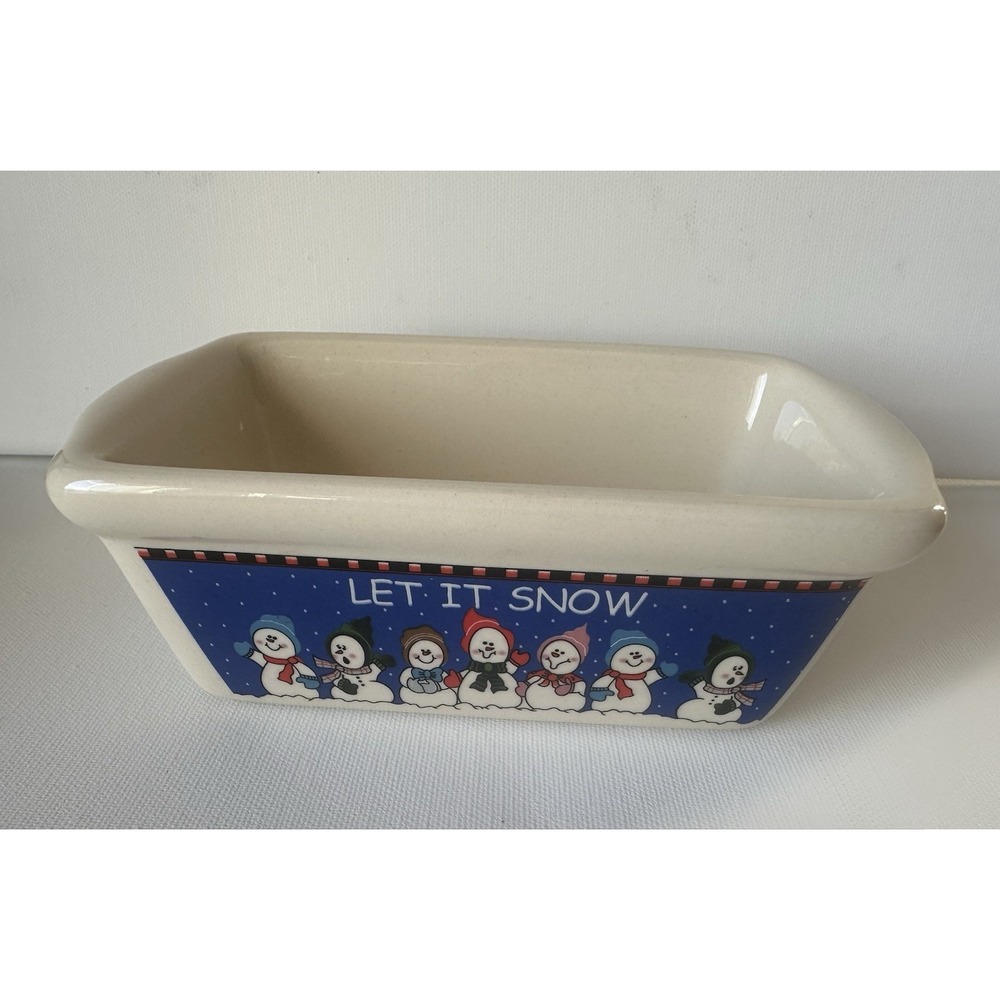 Holiday Mini Loaf Pan Butter Dish‎ "Let It Snow" 7 Snowmen Christmas Ceramic